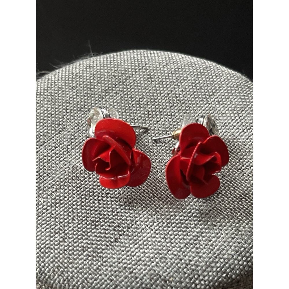Rose Enamel Rhinestone Earrings Pierced Red Coquette Fairycore Y2K Statement
